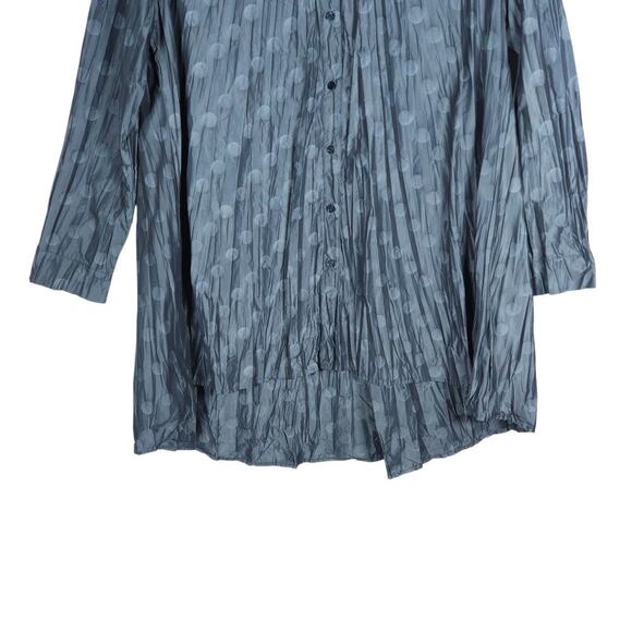 Sun Kim Womens Tunic Blouse M Grey Pleated Polka Dot Button Down Artsy Boho Chic - Picture 5 of 13